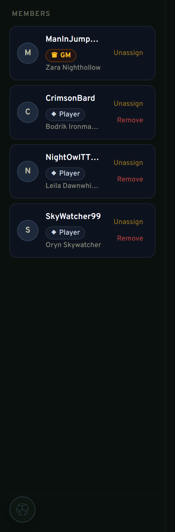 Campaign dashboard showing party roster with linked character sheets, invite link, and real-time WebSocket connection status