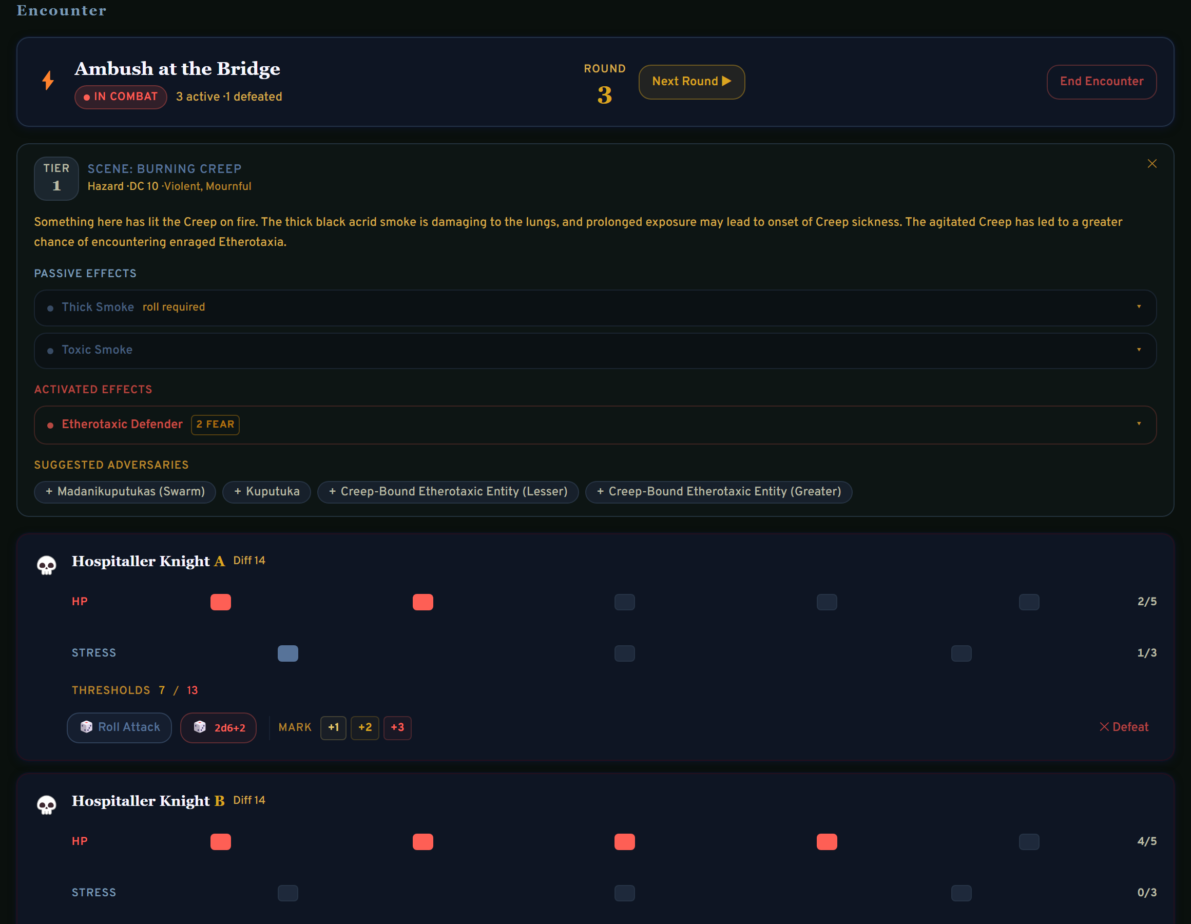 Encounter designer console showing adversary catalog sidebar with type/tier/difficulty filters, staged adversaries with inline stat blocks, and environment features panel
