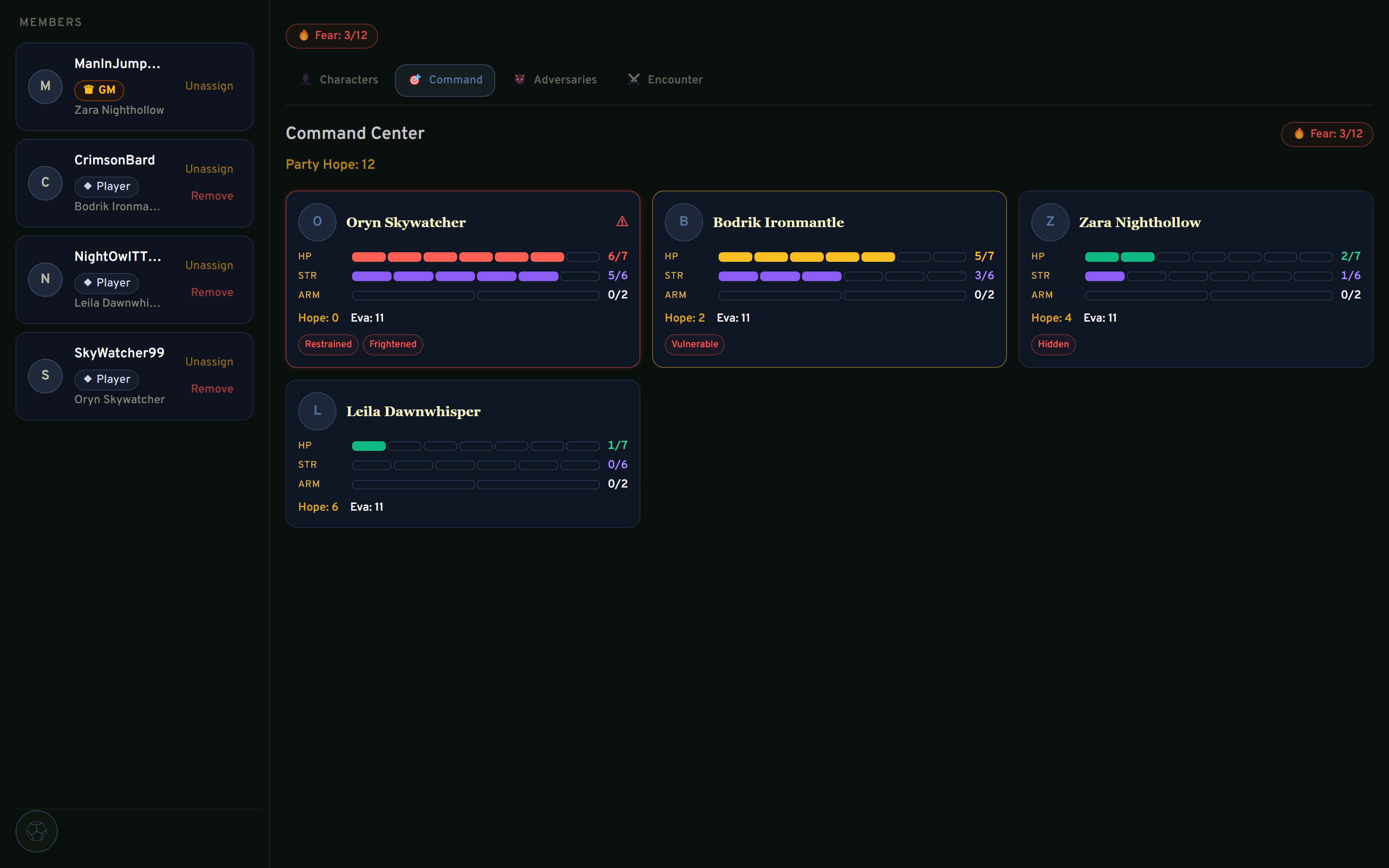 GM Command HUD showing party vitals dashboard with HP%, Stress, armor, Hope, and conditions per player — color-coded by danger state with ping and roll request controls