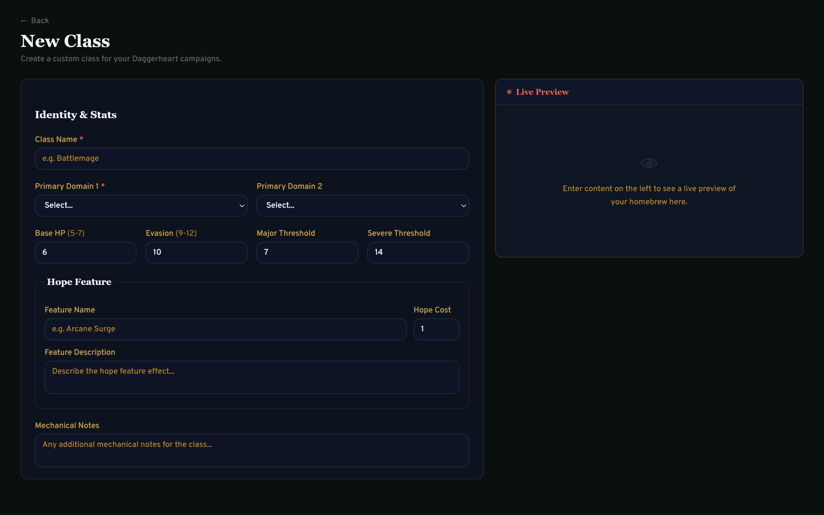 Homebrew workshop showing a custom class creation form with live markdown preview and source badge system