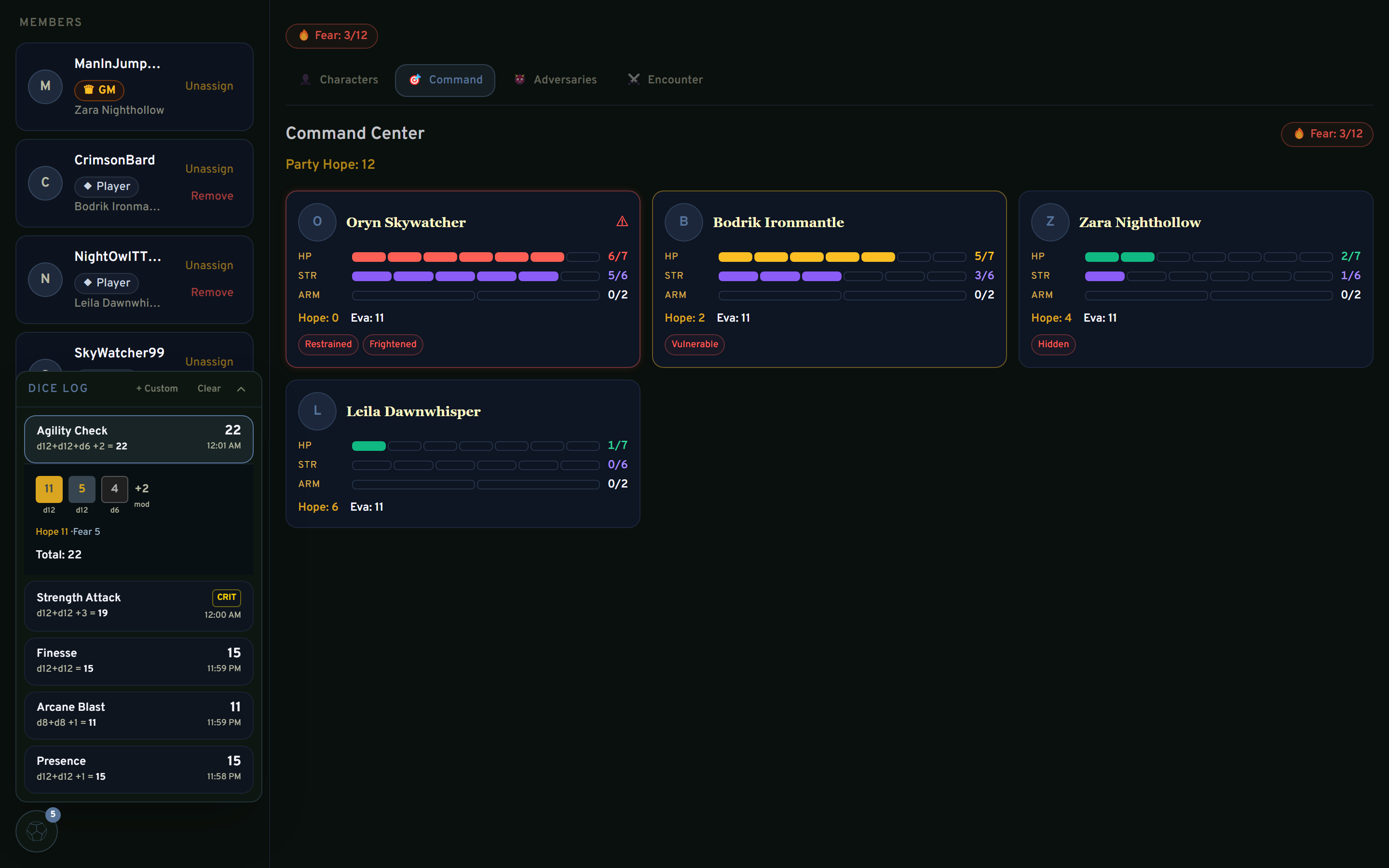 Session log interface showing structured entries for lore reveals, NPC introductions, player decisions, and unresolved threads — with full-text search