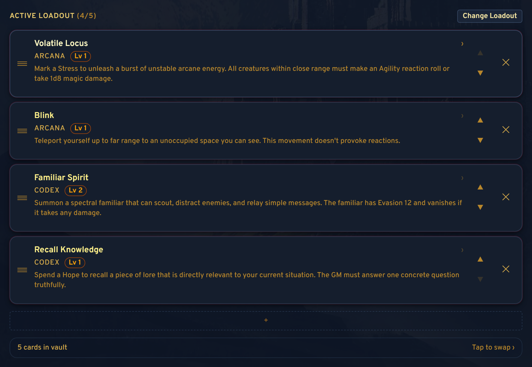Character sheet with an expanded domain card description and SRD source badge visible