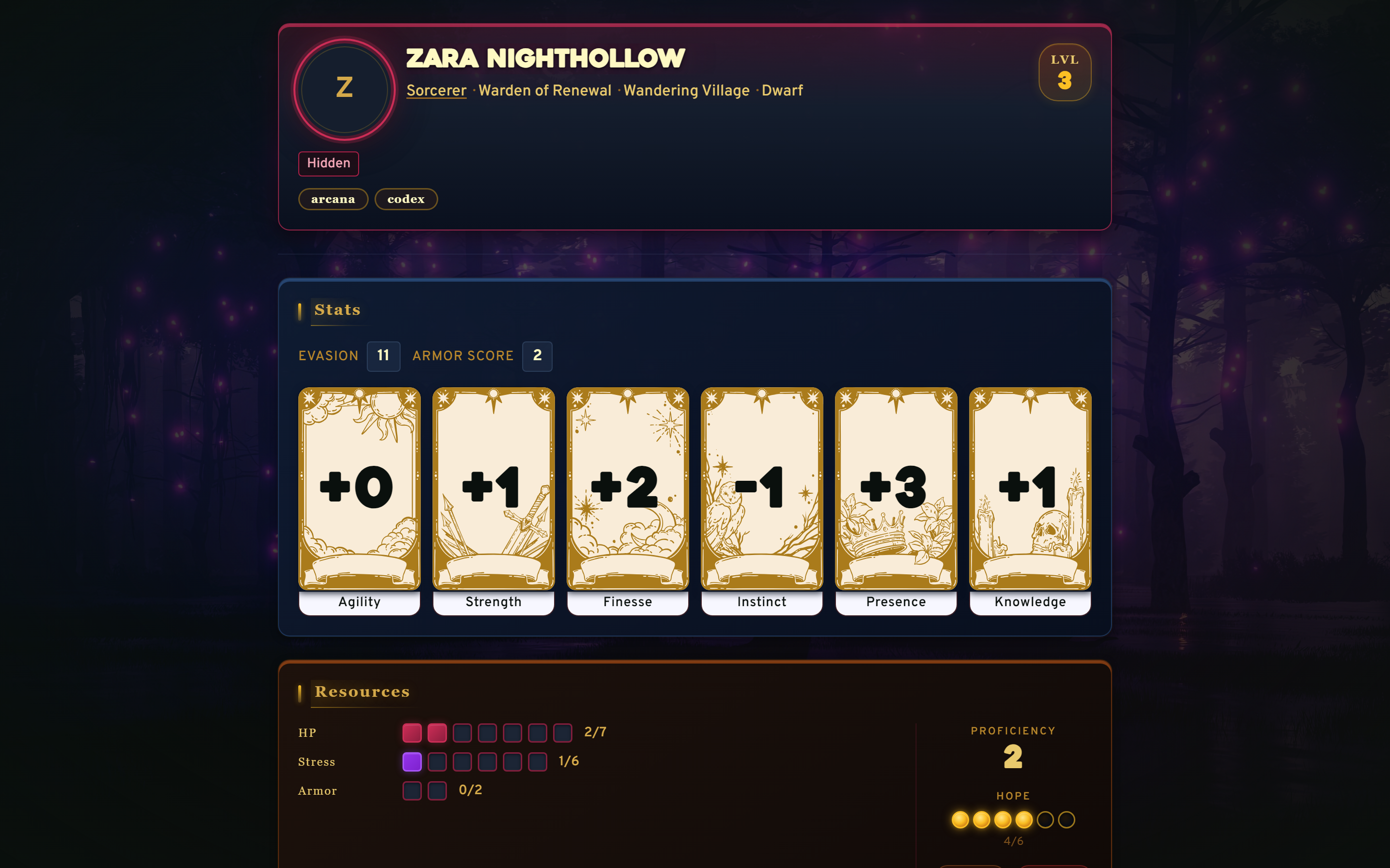 Public character sheet view showing stats, domain cards, loadout, and backstory — accessible via share URL with no login required